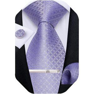 🆕Men Purple Plaid Silk Checkered Necktie Pocket Square Cufflinks Tie Clip Set